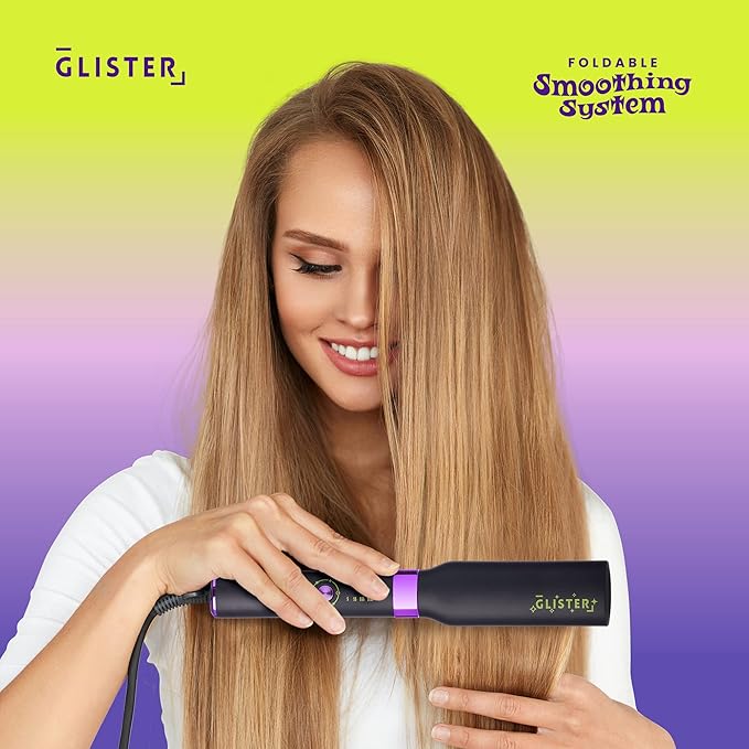Glister Folding Hair Straightener Brush, Hair Brush for Hair Straightening, Volumizer, Fringe Curler, Hair Styling Comb with Adjustable Temperature - Black Berry Splash (Black)
