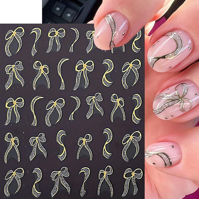 6 Sheets Bow Nail Art Stickers Bows Stickers for Nails 3D Self Adhesive Gold Red Bow Nail Decals Ribbon Bowknot Nail Design Cute Bow Nail Supplies Glitter Bow Stripe Nail Decor for Women DIY Manicure