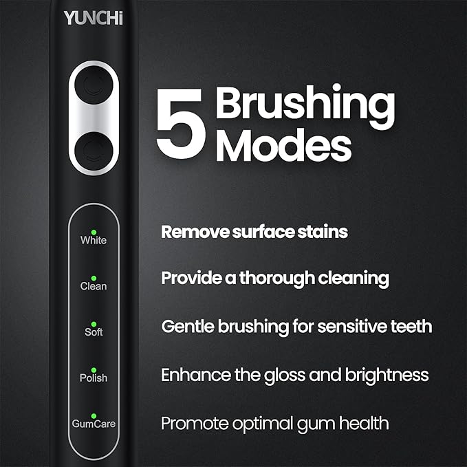 YUNCHI Electric Toothbrush Birthday/Valentine Plastic 8 Heads 24-Mo Deep Cleans Gentle Gums Removes Stains 3Hr USB-C 90d 2-Min Timer/30s IPX7 - Black