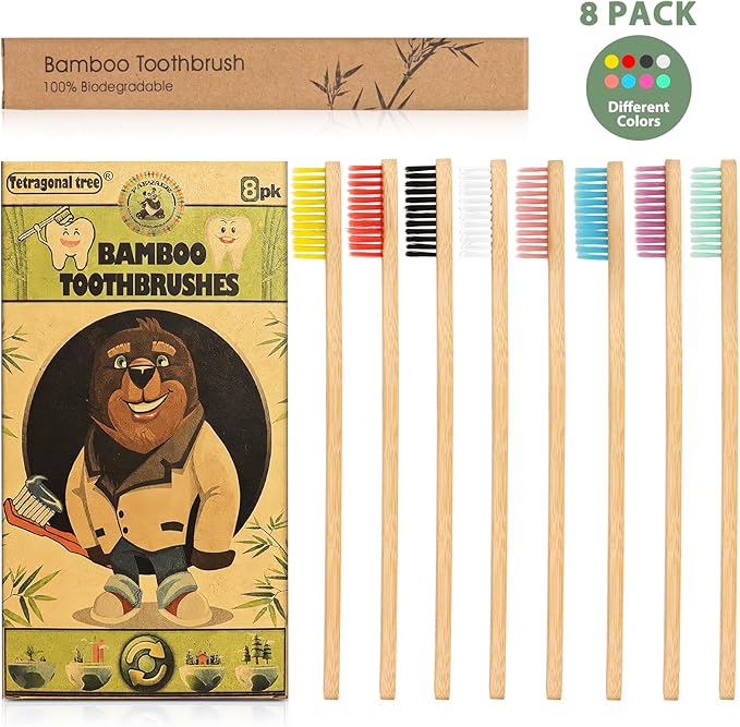 8 Count Biodegradable Bamboo Toothbrushes - Natural Toothbrush Value Pack - Extra Soft Toothbrush for Adults, Good for Sensitive Teeth and Gums