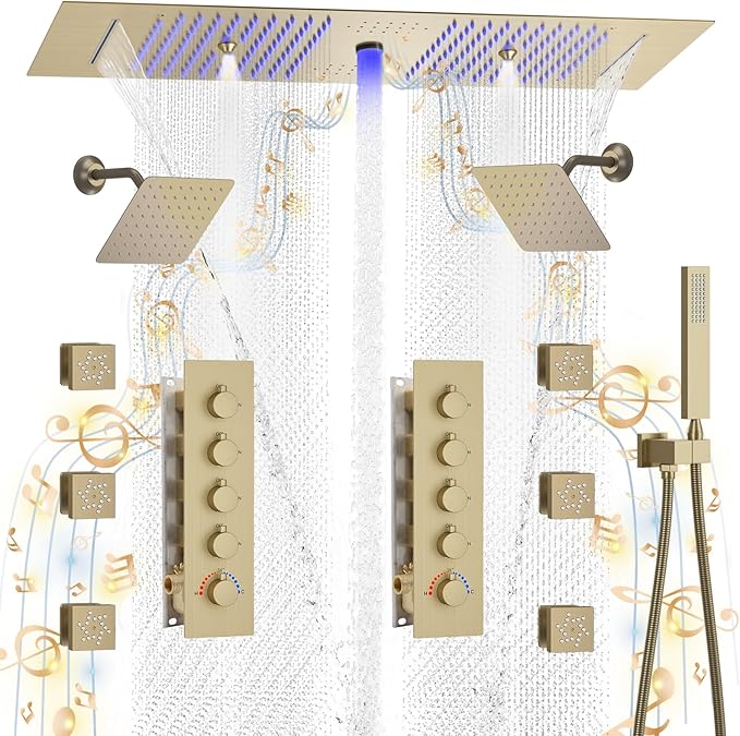 KATAIS Shower System with 12X35 inch Overshower and Dual Side ShowerHead(8 inch), 6 PCS Body Jet and HandHeld Spray, Dual Thermostatic Valve Kit Can Achieve 8 Shower Functions, Brushed Gold