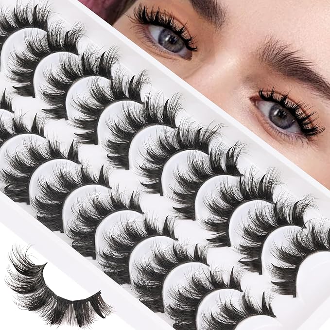Veleasha Manga Lashes Faux Mink Lashes 8-17MM Cat Eye C Curl Fluffy Spiky Eyelashes with Black Cotton Band Anime 6D Effect False Eyelashes 10 Pairs Pack (Spiky01)