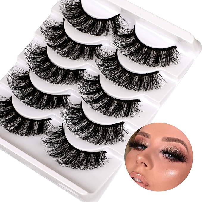 ALICROWN Mink Lashes Faux Wispy Natural Volume Lashes Pack 5D Thick Volume Crossed False Eyelashes Full Handmade 5 Pairs Lashes