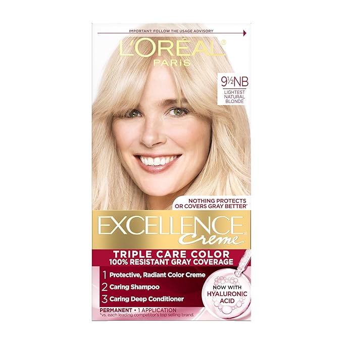 L'Oreal Paris Excellence Crème Permanent Hair Dye, Triple Care Hair Color with Hyaluronic Acid for 100% Gray Coverage, 9.5NB Lightest Natural Blonde, 1 Kit (Packaging May Vary)