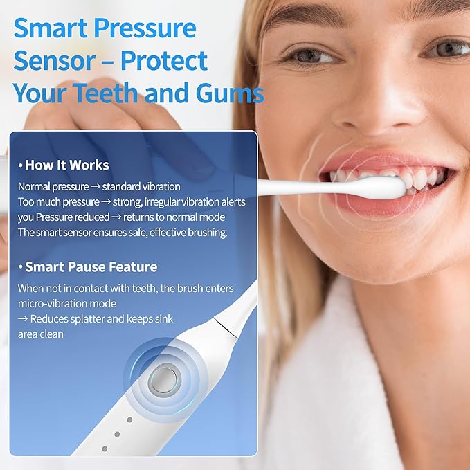 Sonic Vibrating Toothbrush with Pressure Sensor, Rechargeable Tooth Brush with 8 Brush Heads, 3 Modes, 33000VPM, 2-Min Timer, One Charge Lasts for 30 Days, 3D Rounded Soft Bristles, IPX7 Waterproof