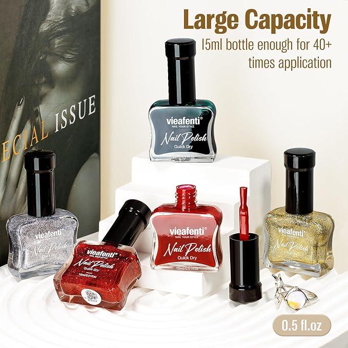 Glitter Gold Nail Polish 15ml, Christmas Quick Drying Nail Polish Regular Shimmer Long-Lasting Air Dry Oil-Base Nails Polish Non Gel DIY Salon At Home