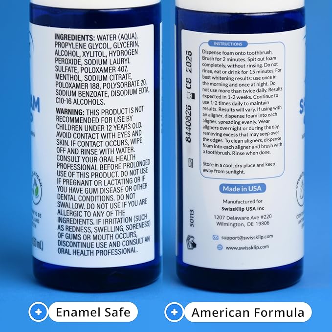 Swissker by Swissklip ShineFoam | Teeth Whitening Foam | Mint Flavor Whitening Toothpaste | Teeth Whitener I Professional Teeth Whitening Kit | 100% Vegan - Made in USA - 1.69 oz - Pack 2