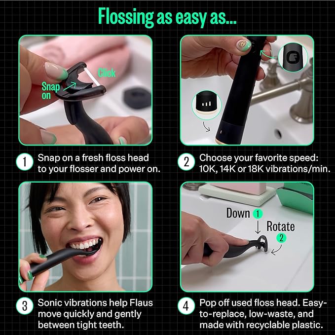 FLAUS Electric Flosser (Oprah's List, Shark Tank) 3 Speeds + 45 Refill Heads (Extra Strong Woven Floss for Durability) Water Flosser Alternative, Dentist Recommended Tooth Flossers Dental Floss Picks