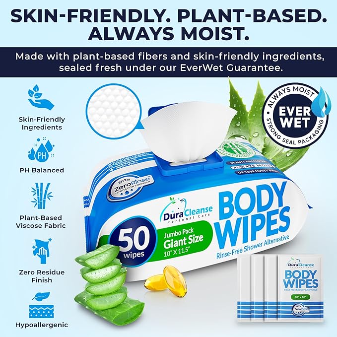 Dura Cleanse Body Wipes for Adults Bathing - (2 Pack) 100 XL No Rinse Bath Wipes + 8 Travel Shower Sheets - 10 x 11.5" Extra Thick Disposable Washcloths for Elderly Incontinence & Camping Essentials