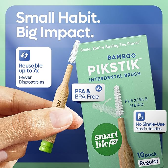 SmartLifeco Bamboo Interdental Brushes (10 Count) - Eco-Friendly Proxabrush, Reusable Dental Picks, Flexible Soft Bristles, Superior Gum & Teeth Cleaning, Toothpicks for Braces, PikStik - Regular