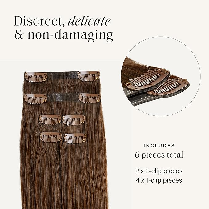 Luxy 100% Remy Human Hair Extensions for Thin Hair Thinning Hair Fill-Ins – 6 Seamless Wefts Multi-Dimensional Color Blend - Natural-Looking Volume & Coverage 50 grams 12" Chestnut Brown Thinning