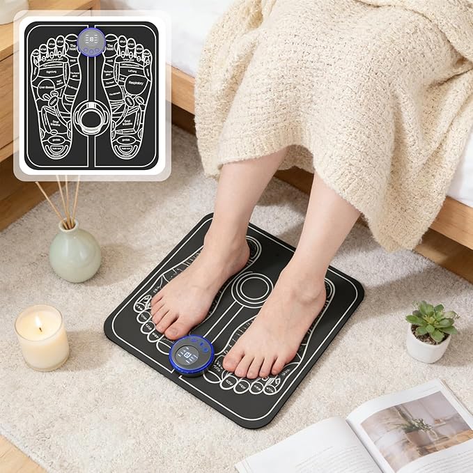 Professional EMS Foot Massager with 4 Electrode Pads - Full Body Muscle Stimulator for Neuropathy & Recovery, 8 Modes 19 Levels, Foot Mat System for Pain Relief