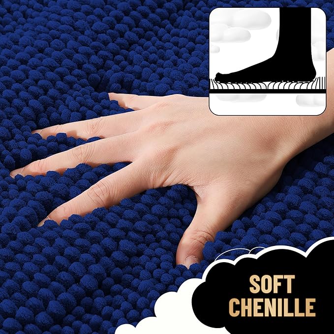 OLANLY Thick Bathroom Rugs 70x24, Extra Soft Absorbent Chenille Striped Bath Rugs, Rubber Backing, Machine Wash Dry, Bath Mats for Bathroom Floor, Tub and Shower, Home Decor Accessories, Navy