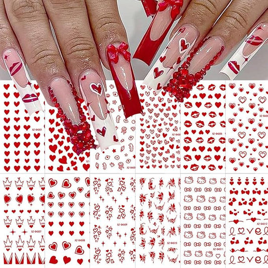 12 Sheets Valentines Nail Art Stickers Love Heart Nail Stickers Lip Nail Decals Red Self Adhesive Love Nail Art Supplies for Women Girls DIY Manicure Nail Art Decorations