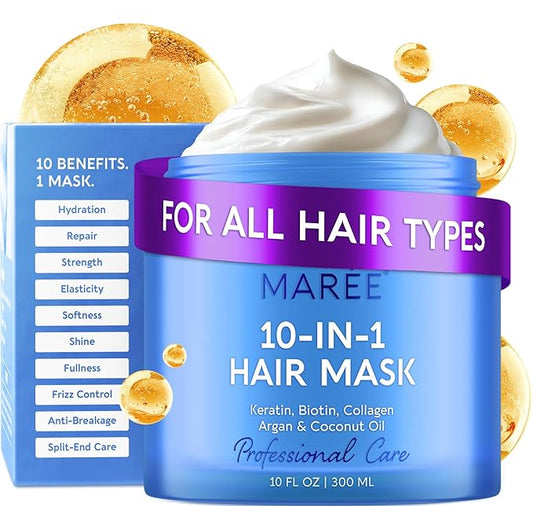 MAREE Deep Conditioning 10-In-1 Hair Mask for All Hair Types – Keratin Hair Treatment with Biotin, Natural Oils & Vitamins for Hair Care, Repair & Hydration – Tratamiento Mascarilla Para Cabello