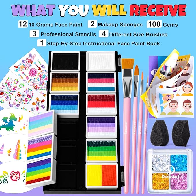 Professional Face Painting Kit for Kids Adults, Rainbow Split Cake Face Paint Makeup Palette 12 x 10gm+ 4 Colors Pro Pressed Glitter Eyeshadow Palette, with Brushes Sponges Stencils Gems