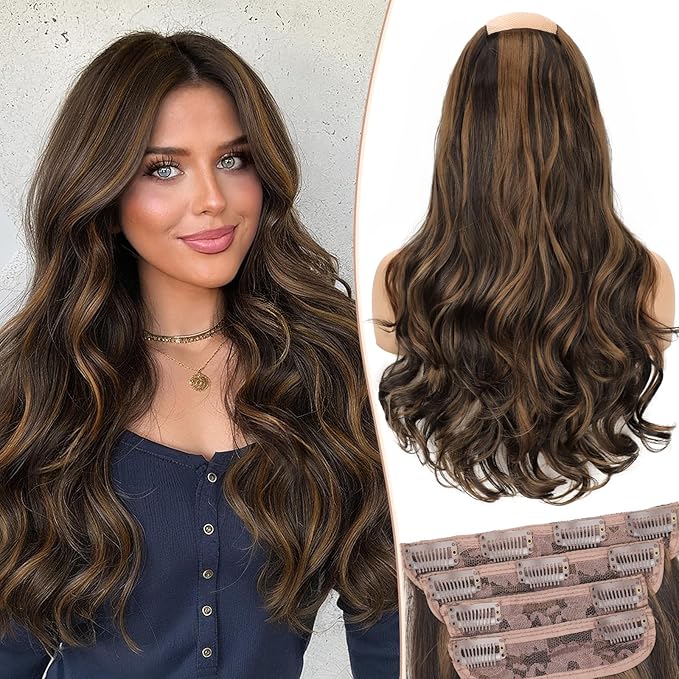 Kookastyle Clip in Hair Extensions, Natural Long Layered Soft Invisible Synthetic Curly Wavy Hairpieces for Women,4 pcs(20 Inch,Balayage Chocolate Brown to Caramel Blonde)