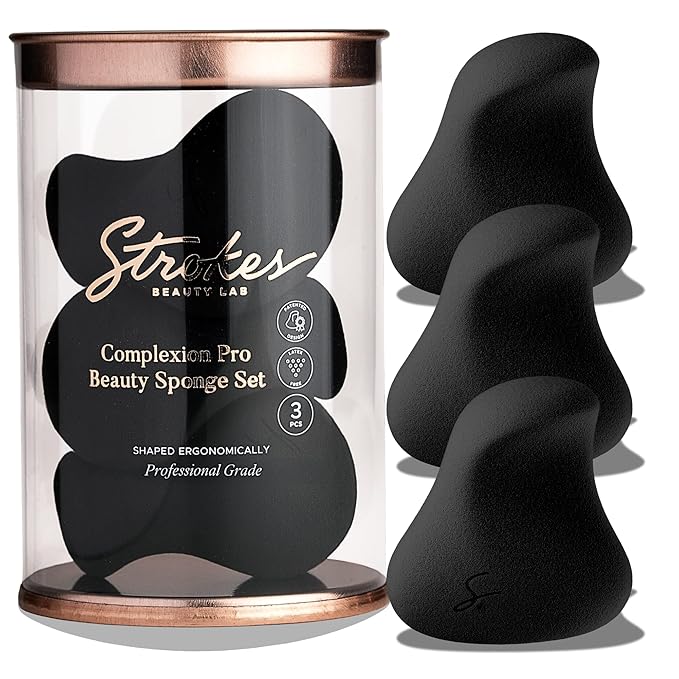 Strokes Beauty Lab Original Beauty Blender Makeup Sponge Applicator for Powder, Cream & Liquid, Beauty Tools Puff, Streak Free Application, Vegan, Cruelty Free Made in USA, Black (3 Pieces)