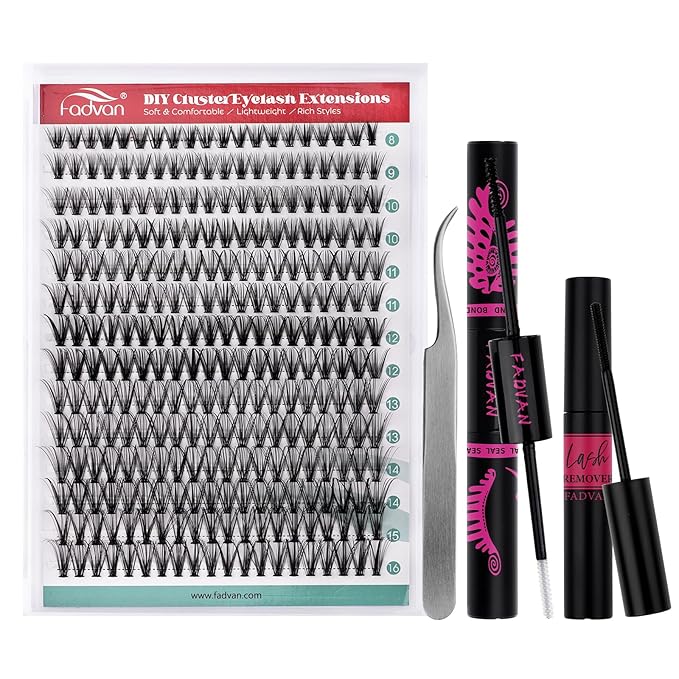 FADVAN Lash Extension Kit DIY 280pcs Individual Lash Clusters Kit 30D Natural 8-14mm Cluster Eyelash Extensions Kit with Lash Bond and Seal, Lash Tweezers for Self Use (30D, 0.07D, 8-14mm, Kit)