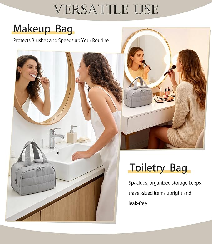 BUZFOWU Travel Toiletry Bag for Women, Large Wide-open Puffy Cosmetic Makeup Bag with Wet-Dry Separation, Multi-Pocket Organizer with Carry Handle for Toiletries, Cosmetics, Essentials, Light Grey