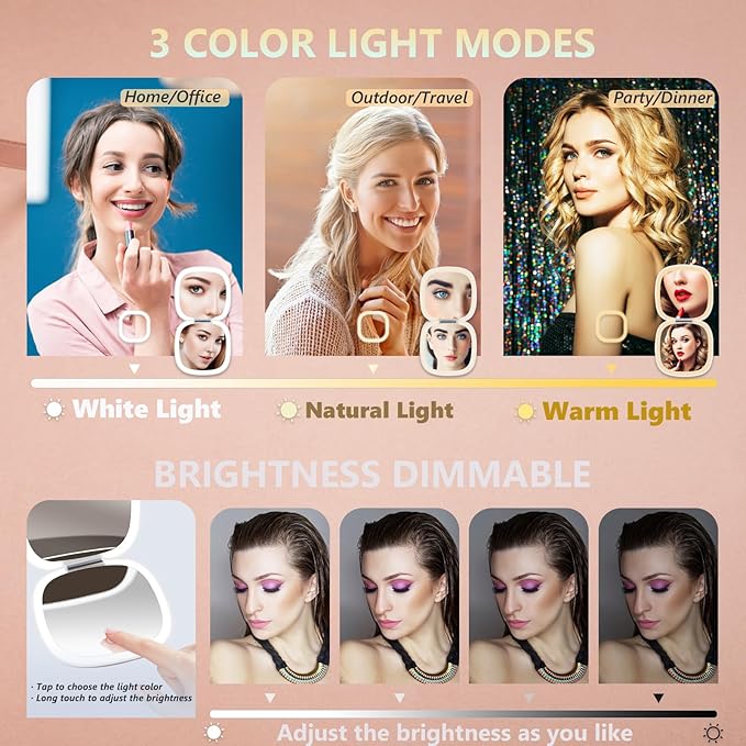Travel Mirror with Light, 1X/7X Magnifying Mirror, 4 Inch LED Lighted Rechargeable Compact Makeup Mirror, 3 Colors Dimmable Light Up Portable Pocket Mirror for Handbag (Rose Gold 7X)