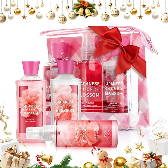 Bath Gift for Women and Girls, Japanese Cherry Blossom Spa Set With Natural Extracts, 3PCS Set - Shower Gel, Lotion, Mist, Personal Self Care Kit, Body Care Travel Set