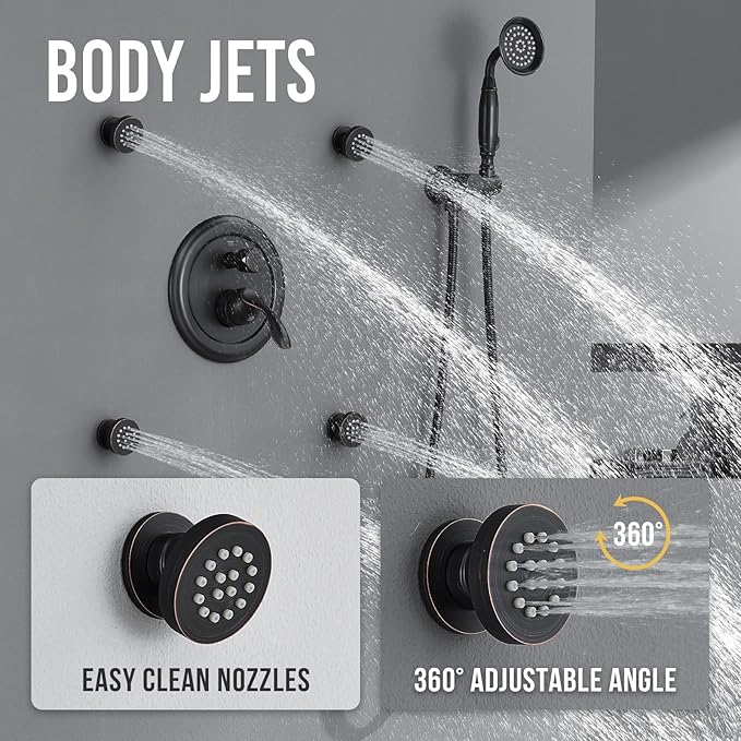 DASAN Antique Shower Faucet Sets Complete Rain Shower System in Wall with Body Shower Spray Jets, Oil Rubbed Bronze Shower Fixtures with Rainfall Overhead Shower, Handheld, Valve &Trim, AT249C-ORB