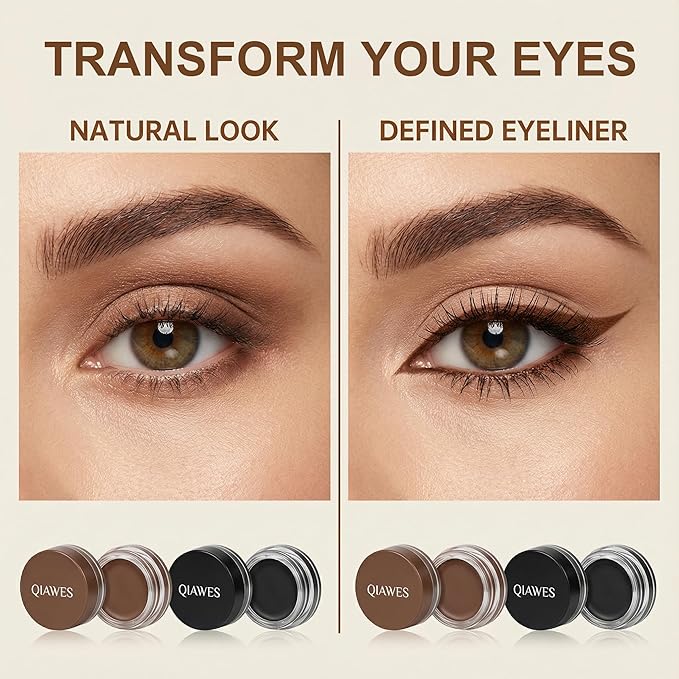 2 in 1 Black and Brown Gel Eyeliner Set Water Proof Smudge Proof, Last for All Day Long, Work Great with Eyebrow, 2 Pieces Eye Makeup Brushes Included