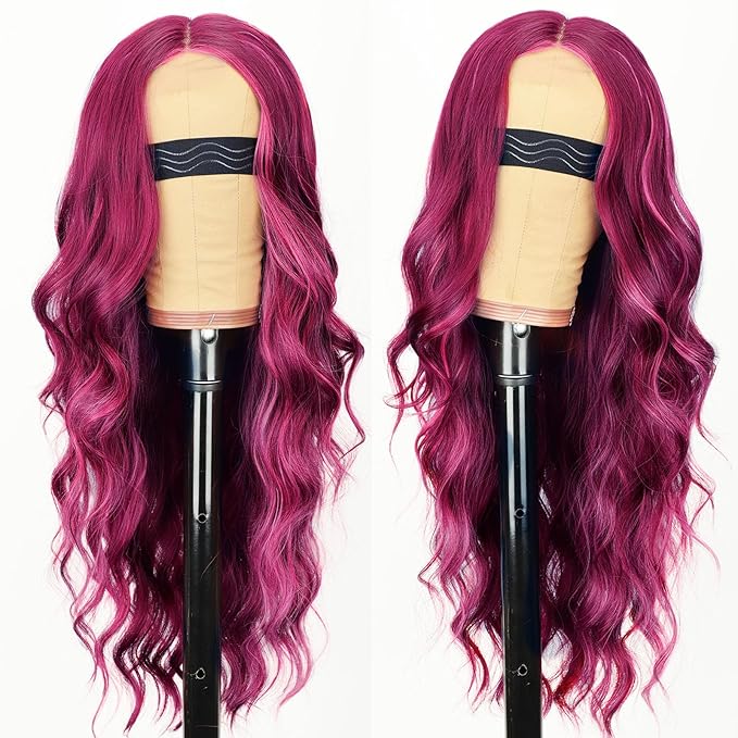 AISI HAIR Burgundy Mixed Rose Red Wig for Women, Long Wavy Lace Hairline Middle Part Synthetic Heat Resistant Wig for Daily Party-26 Inch