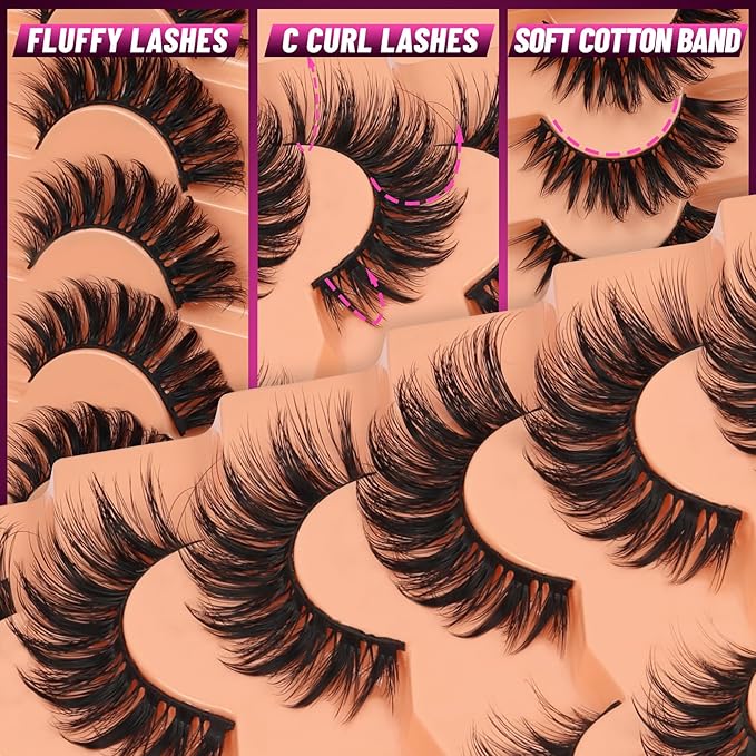 Veleasha Lashes Dramatic Lashes Fluffy Faux Mink D Curl Eyelashes V Shape Volume 10-18MM 3D Effect Eyelash Thick False Eyelashes （833）