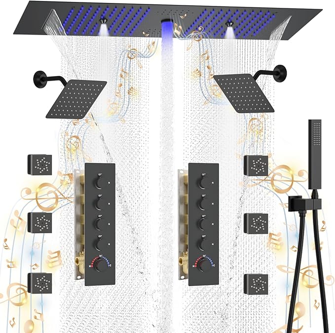 KATAIS Shower System with 12X35 inch Overshower and Dual Side ShowerHead(8 inch), 6 PCS Body Jet and HandHeld Spray, Dual Thermostatic Valve Kit Can Achieve 8 Shower Functions, Matte Black