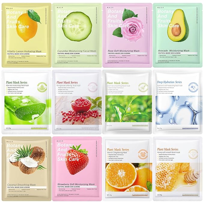 12 Pack Variety Face Masks Skincare for Women Sheet Face Mask for Kids Teens Girls, Hydrating Face Masks, Pamper Gift Bulk Face Mask Set Spa Party Gift for Kids Teens Girls Women, Valentine's Day Gift