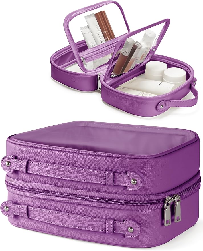 Oaque Clear Cosmetic Bag Double Layer Travel Toiletry Bag Clear Makeup Bag Case with 4 Compartments, Transparent Travel Bag for Toiletries, Large Toiletry Bag for Women Cosmetic Case (Purple, Large)