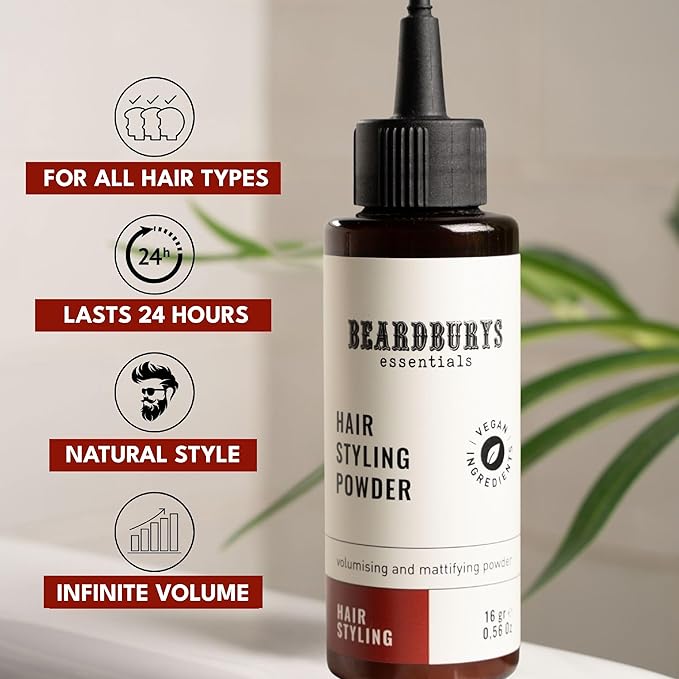 Beardburys Essentials Hair Styling Powder for Men, Volume & Texture Powder for Hair with Matte Effect, Natural & Vegan, 24h Hold, Leaves No Residue, Polvo Texturizador para Hombres, 0.56 Oz - 16g