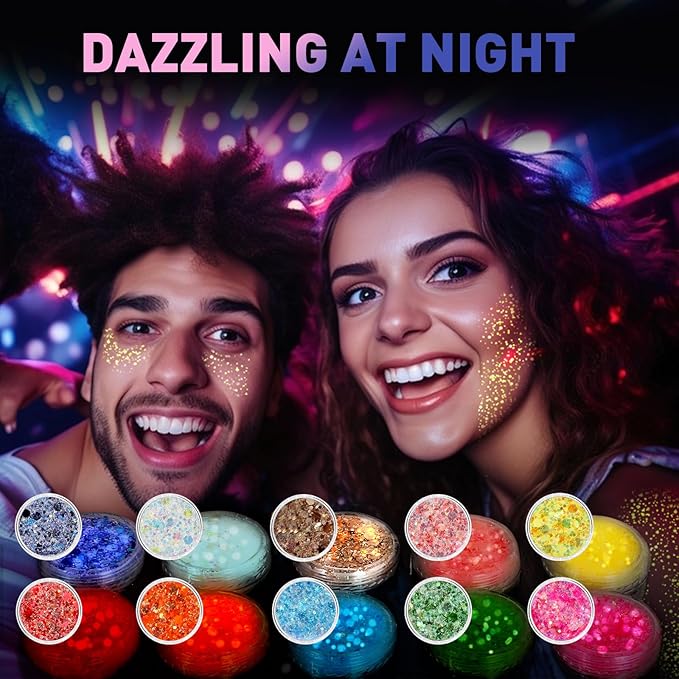 40 Colors Body Glitter, Mardi Gras Accessories Hair Glitter for Kids Women Glow in The Dark, Eyeshadow Face Sparkles, Makeup Festivals, Raves, Anime Cosplay, Concerts Face Paint Valentines Day Gifts