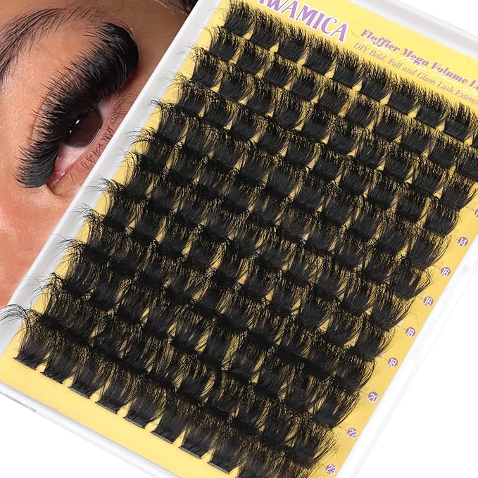 Yawamica Fluffy Lash Clusters Mega Volume Eyelash Clusters 12-25mm Long Thick Cluster Eyelash Extensions Wispy Individual Lashes D Curl Cluster Lashes for Instant Dramatic Lash Extension (DIY at Home)