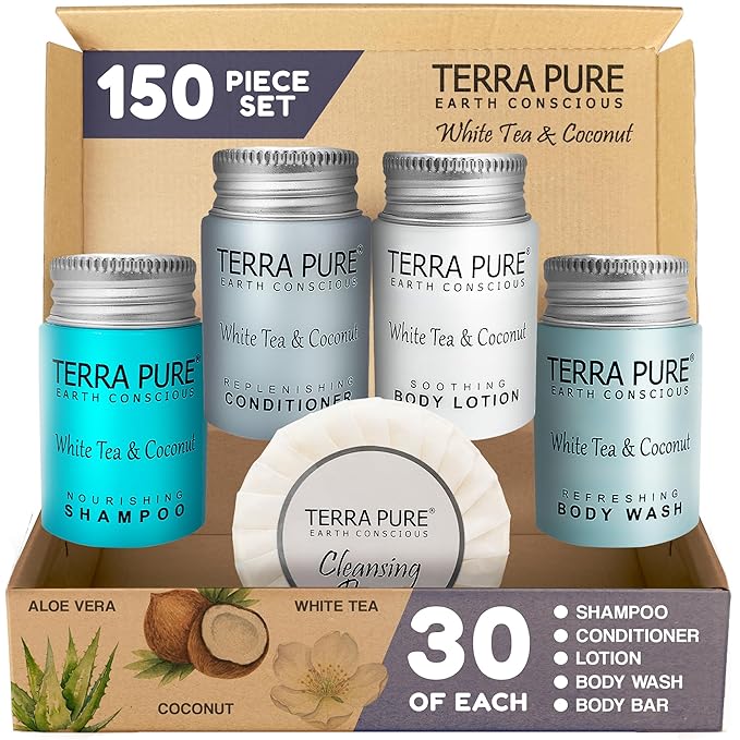 Terra Pure White Tea & Coconut Toiletries Set | 1-Shoppe Amenities Kit | 1oz Shampoo & Conditioner, Body Wash, Lotion, 1.25oz Bar Soap | Travel Size | 150 Pieces