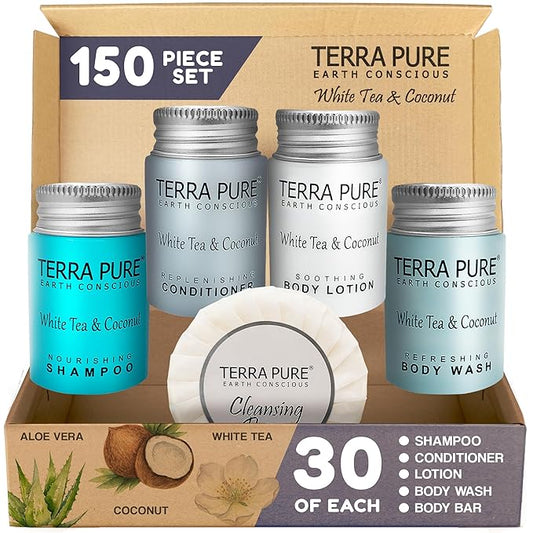 Terra Pure White Tea & Coconut Toiletries Set | 1-Shoppe Amenities Kit | 1oz Shampoo & Conditioner, Body Wash, Lotion, 1.25oz Bar Soap | Travel Size | 150 Pieces