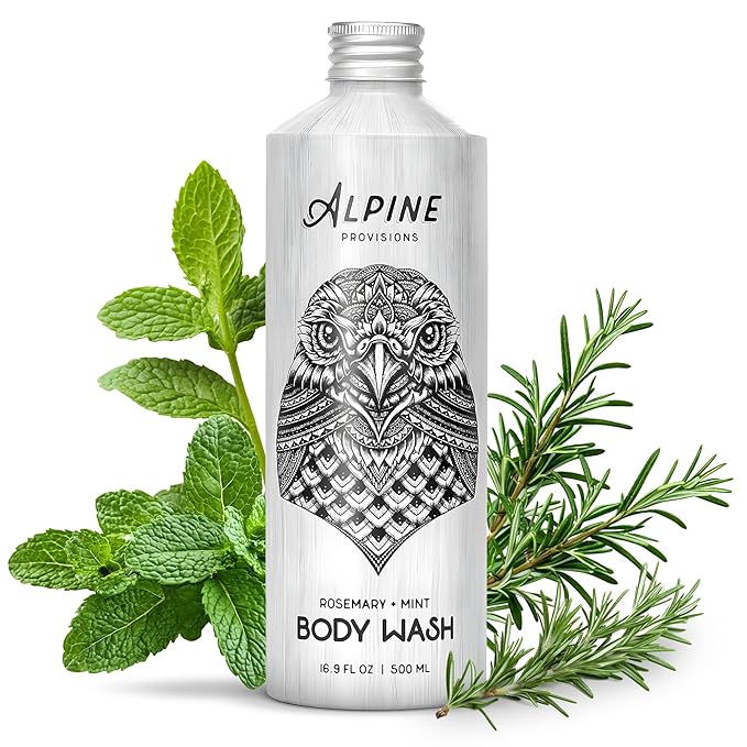 Alpine Provisions Natural & Organic Body Wash with Rosemary & Mint – Moisturizing Shower Gel with Aloe Vera, Coconut Oil & Essential Oils – Vegan, Sulfate-Free, Plastic-Free – 16.9 fl oz