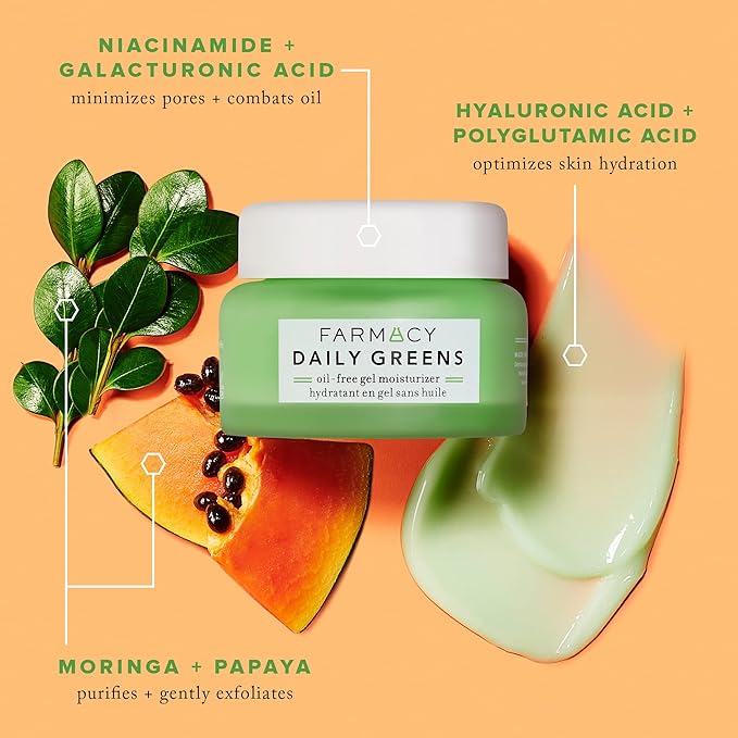 Farmacy Travel Face Moisturizer - Daily Greens Oil Free Facial Moisturizer with Polyglutamic + Hyaluronic Acid - Gel Facial Cream that Reduces Shine, Clears Pores + Balances Oil - Fragrance-Free (8ml)