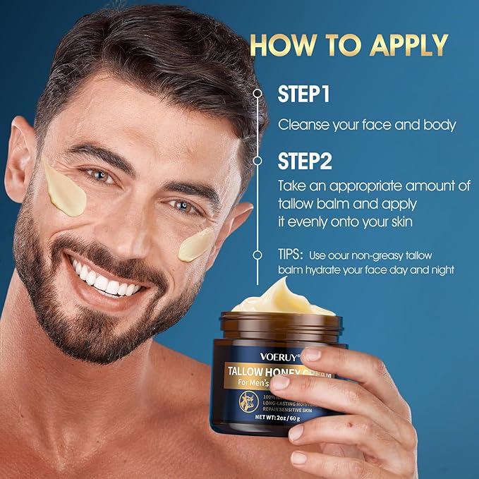VOERUY Mens Face Moisturizer Cream - Anti Aging & Wrinkle for Men with Tallow Balm & Raw Honey, Natural Grass-Fed Tallow Moisturizer for Face, Facial Skin Care & Eye Lotion - Day & Night, 2oz/60g