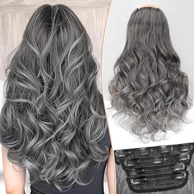 Kookastyle Clip in Hair Extensions, Natural Long Layered Soft Invisible Synthetic Curly Hairpieces for Women,4 pcs(20 Inch，Grey/Sliver Mixed)