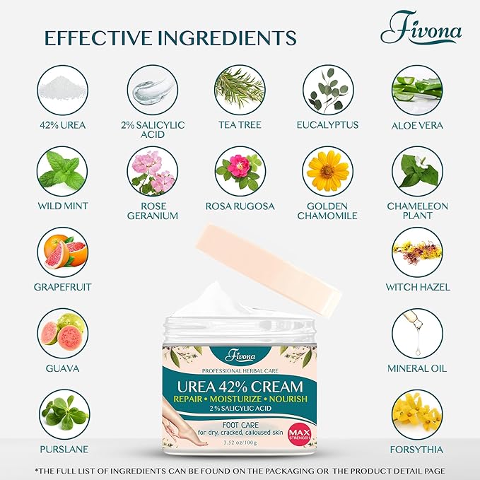 FIVONA 42% Urea Foot Cream for Thick, Rough Dry Skin - Maximum Strength Callus Softening with 2% Salicylic Acid, Tea Tree & Aloe Vera, 100g (3.5 oz) - Deep Moisturizing Foot Care