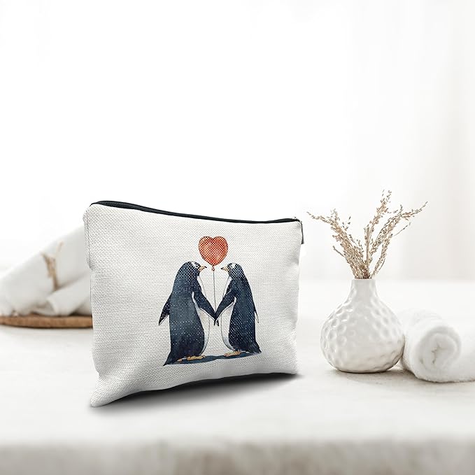 Nogrit penguin lover gifts Penguin Makeup Cosmetic Bag,Romantic Penguin Couple In Love Makeup Travel Toiletry Bag,Anniversary Valentine's Day penguin Gifts for women