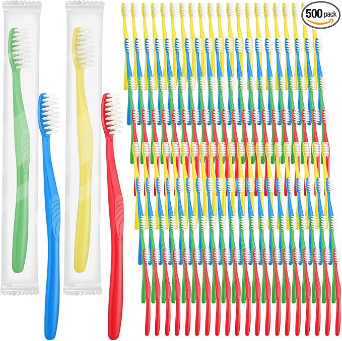 Tioncy 500 Pieces Disposable Toothbrushes Individually Wrapped Toothbrushes Bulk Soft Bristle Tooth Brush Travel Manual Brush for Adults Camping Homeless Office Dental Care