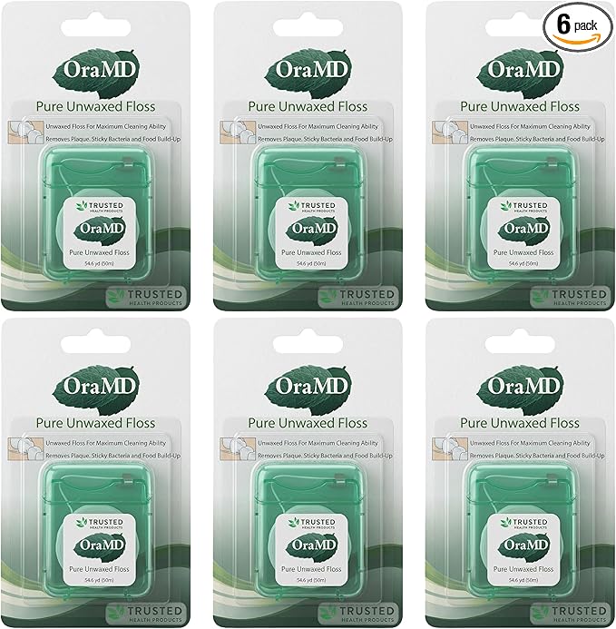 OraMD Oral Care Pure Unwaxed Dental Floss 54.6 Yards - PFAS-Free, Chemical Free, Shred Resistant - Unscented and Ultraclean Plaque Removal - Teeth and Gum Protection for Adults - Pack of 6