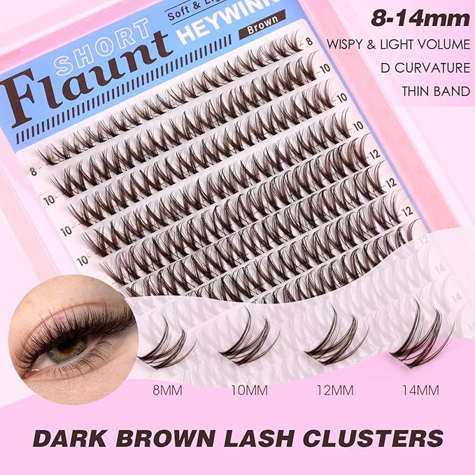 Brown Lash Clusters Kit Flaunt Lash Clusters Dark Brown Wispy Eyelash Clusters Eyelash Clusters Short Lash Cluster 8-14mm Cluster Eyelash Extensions Individual Lashes Cluster(Flaunt-Dark Brown)