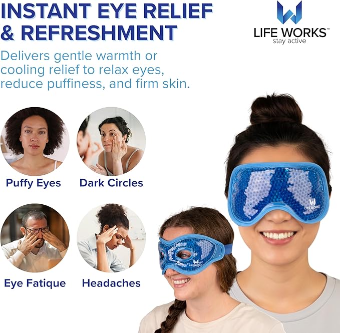 LIFE WORKS 2-Pack Eye Mask Set with Cutout, Hot or Cold Therapy for Puffy Eyes, Dark Circles, Headaches, and Migraines, Soft Gel Beads & Liquid Gel for Cooling or Warming Comfort