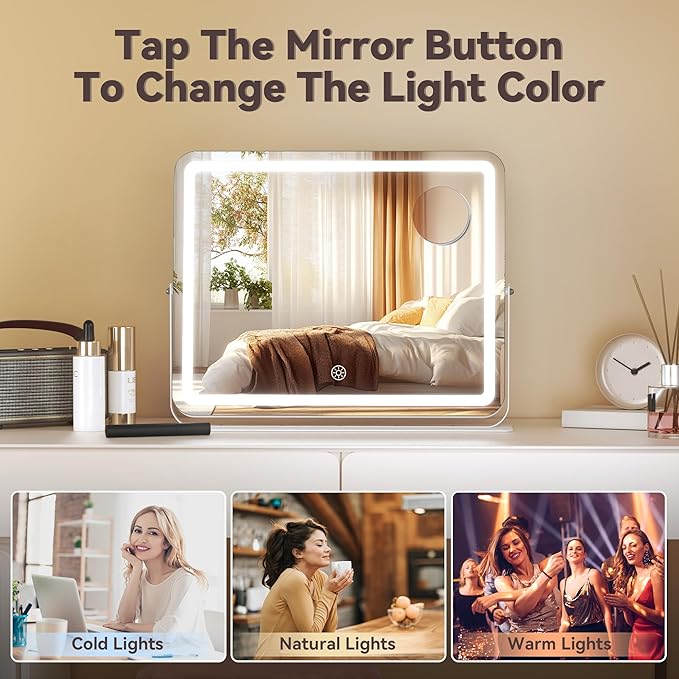 Hasipu Makeup Vanity Mirror with Lights, 16" L x 12" W LED Tabletop Make up Mirror for Desk, Lighting & Brightness Adjustment, 360°Rotation, 10x Magnification