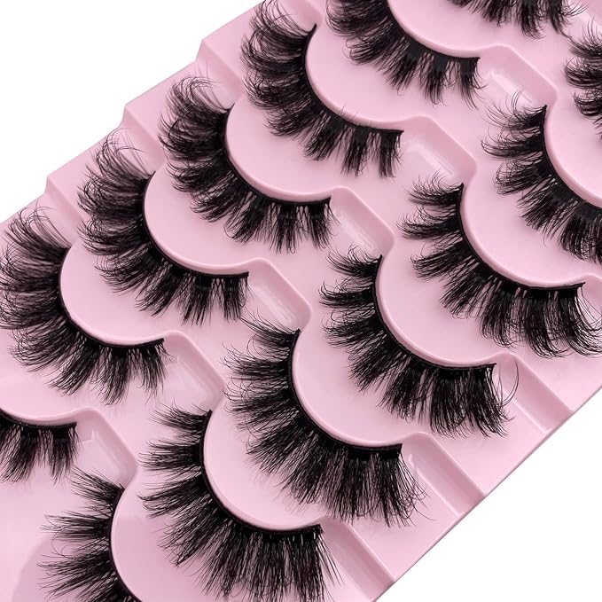 Eyelashes Wispy Lashes Strips - Russian D Curl Strip lashes, 3D Volume Mink Eyelash for Dramatic Look, 7-Pairs Fluffy False Eyelashes